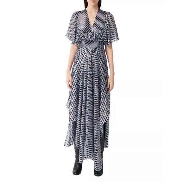 MAJE Richelane Metallic Jacquard Maxi Dress Blue Asymmetrical Size 40 Large - Picture 1 of 15